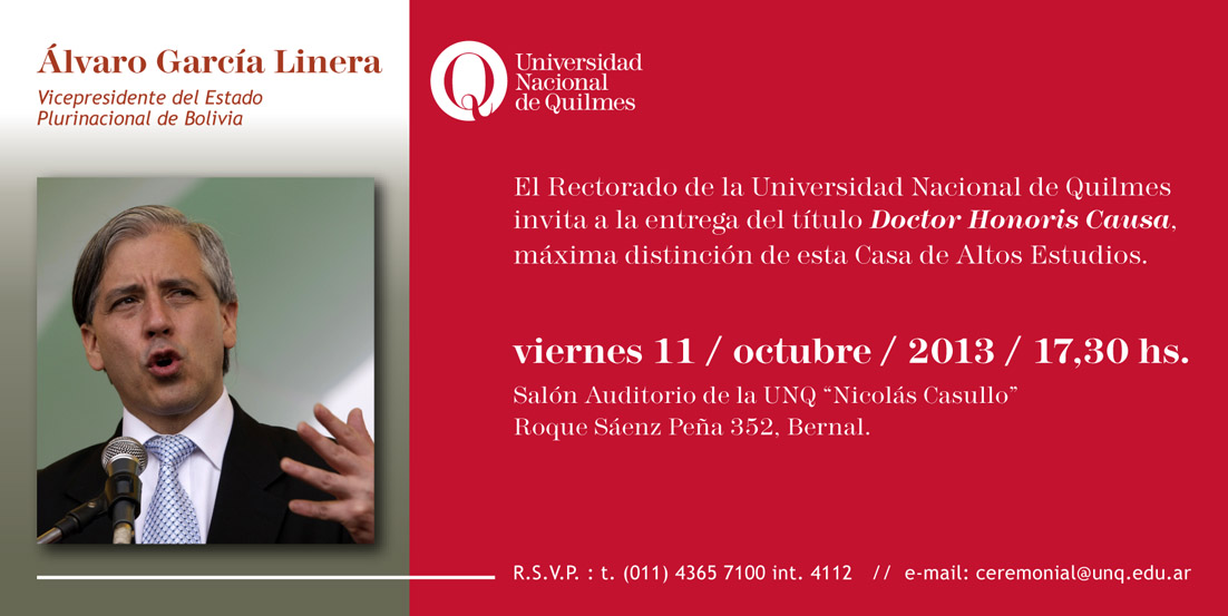 Álvaro García Linera recibirá el Honoris Causa de la UNQ